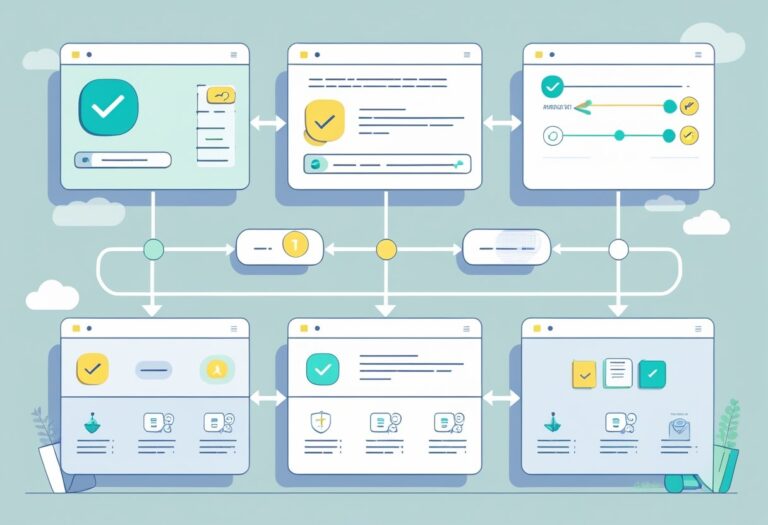 API 승인 상태 전환 조건을 보여주는 여러 UI 화면과 연결 화살표가 있는 다이어그램.